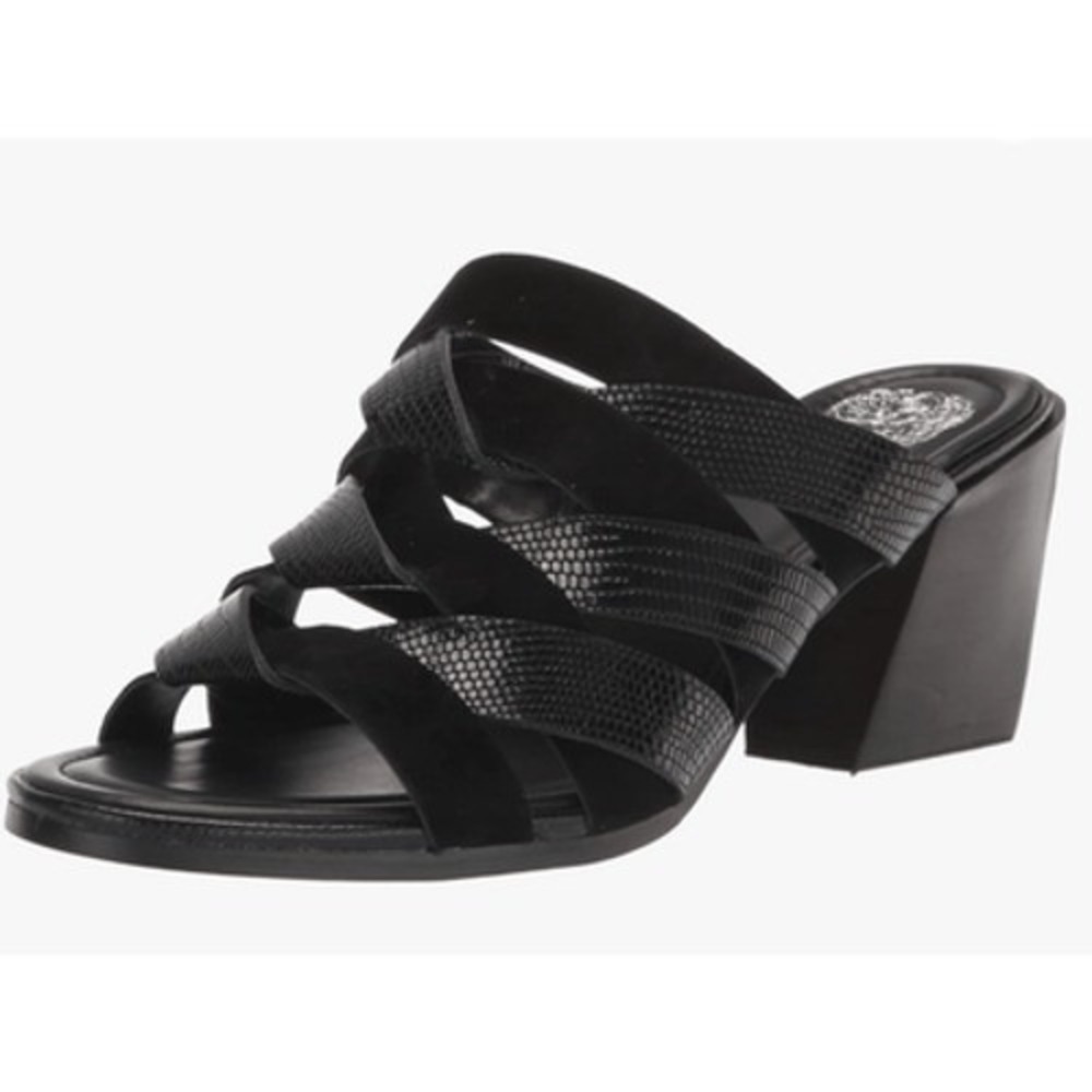 Vince Camuto Deljesta Black Suede Snake Embossed Block Heel Sandals Mules 8.5